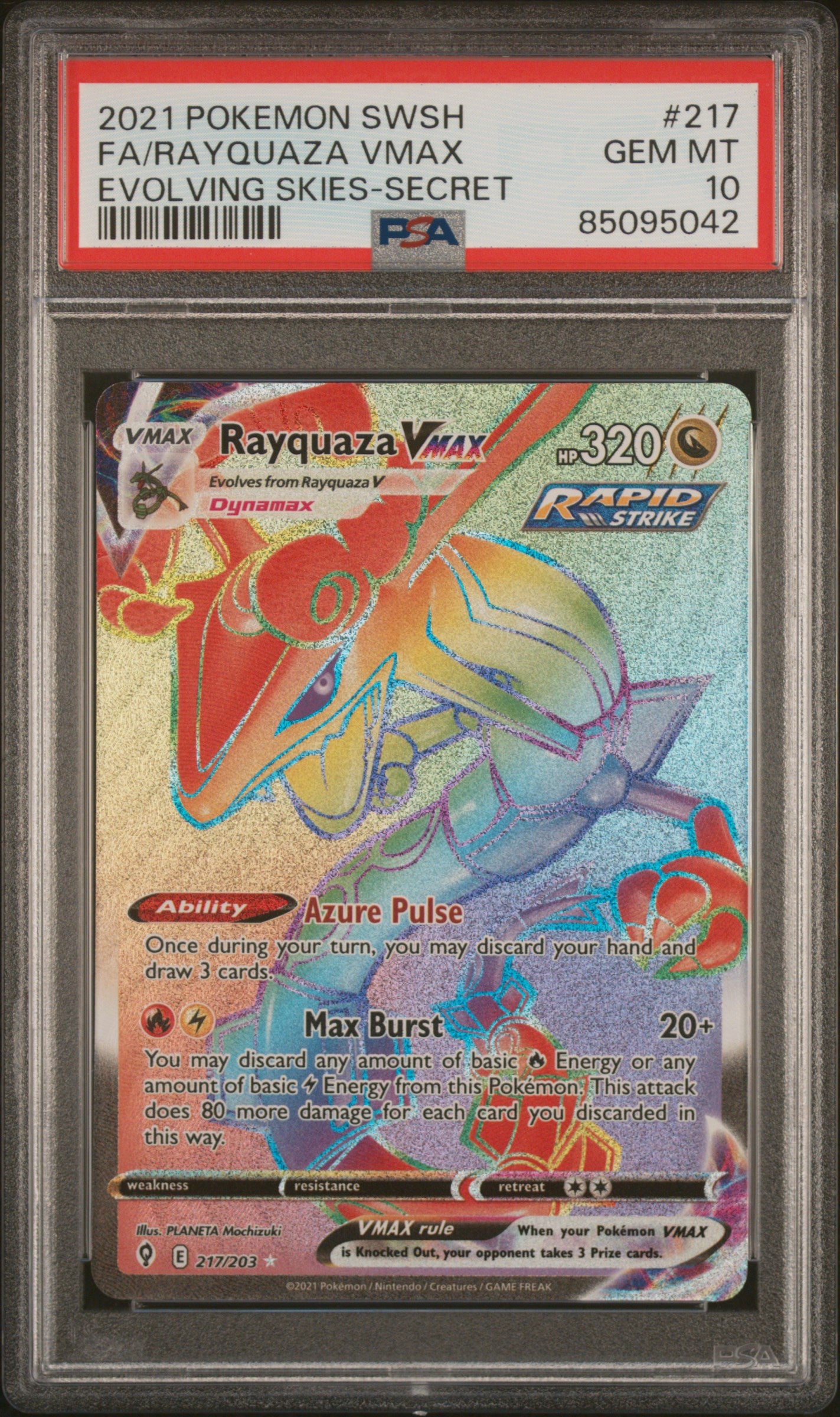2021 Pokemon Sword & Shield Evolving Skies #217 Fa/Rayquaza Vmax PSA 10