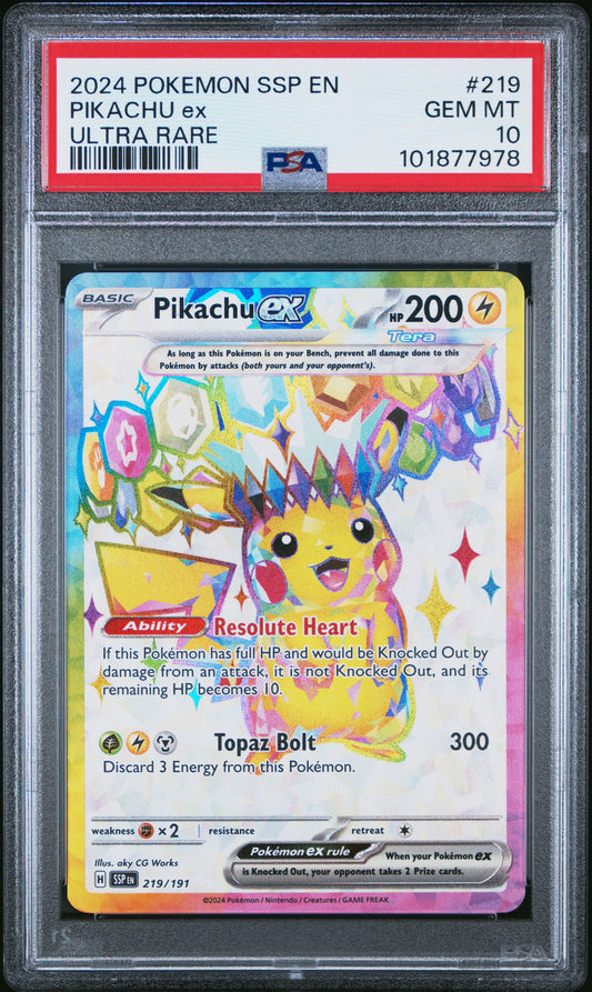 2024 Pokemon Ssp En-Surging Sparks #219 Pikachu Ex PSA 10