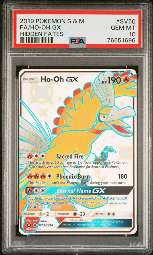2019 Pokemon Sun & Moon Hidden Fates #SV50 Fa/Ho-Oh Gx PSA 10