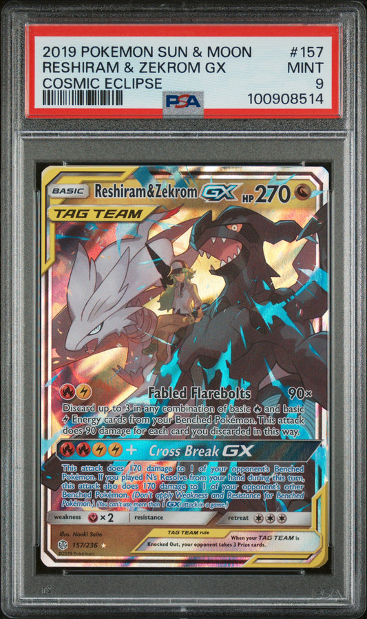 2019 Pokemon Sun & Moon Cosmic Eclipse #157 Reshiram & Zekrom Gx PSA 9